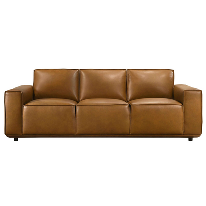 Genuine Tan Leather Sofa with Solid Wood Frame - Tan