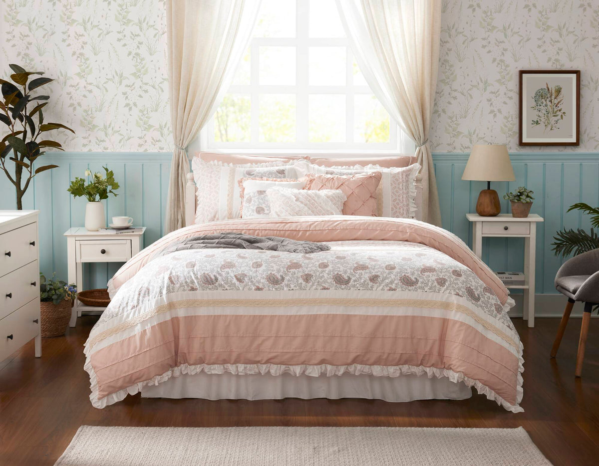 9 Piece Cotton Percale Comforter Set with Decorative Pillows - Blush