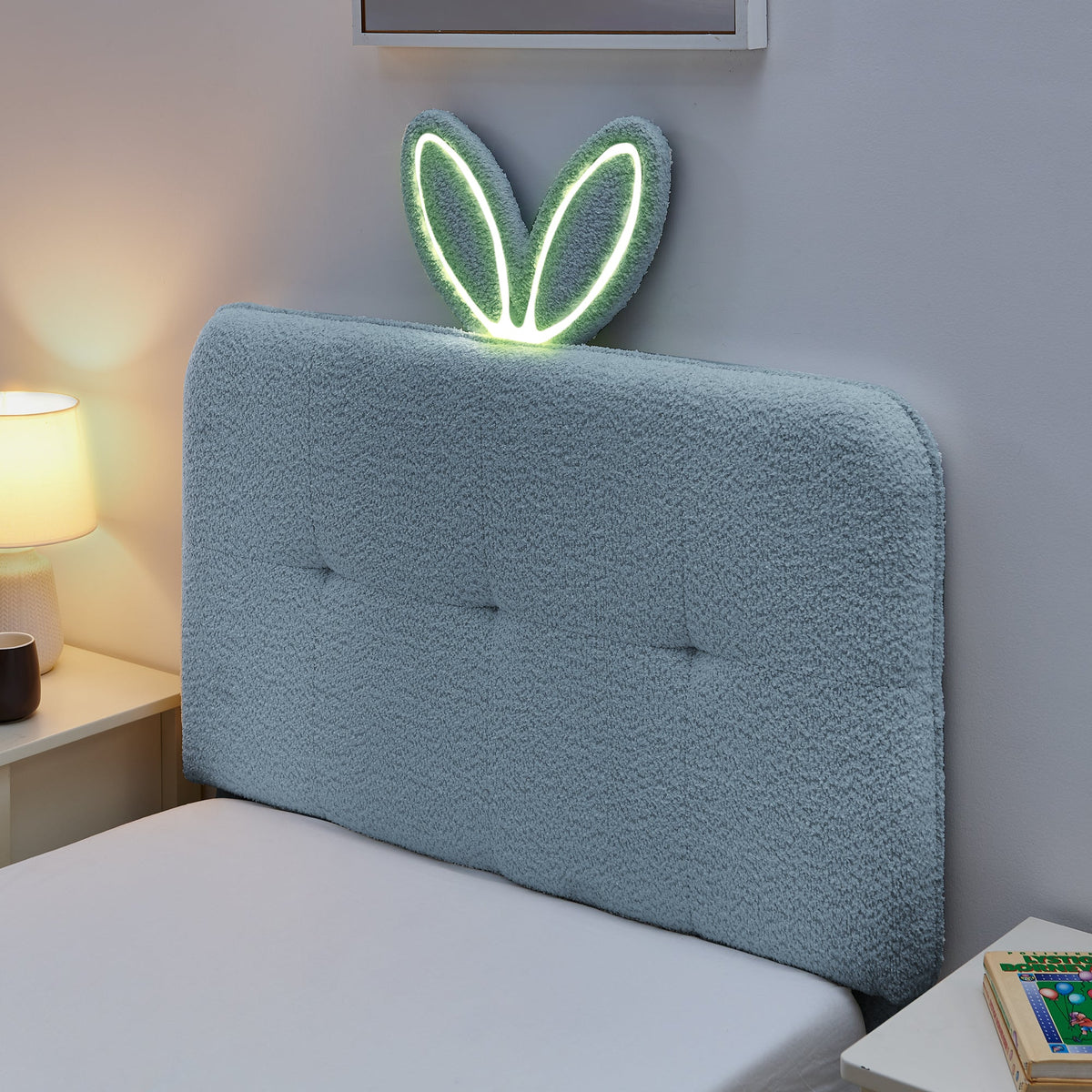 Twin Size Kids Upholstered Bed with Rabbit Ear Headboard & Storage - White Boucle