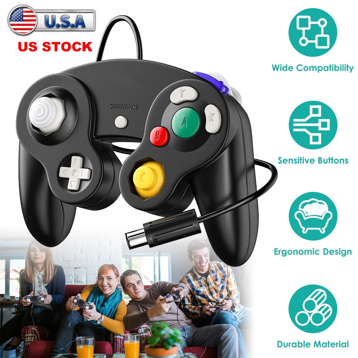 Shock Wired Game Controller Gamepad Compatible with Nintendo Wii Gamecube