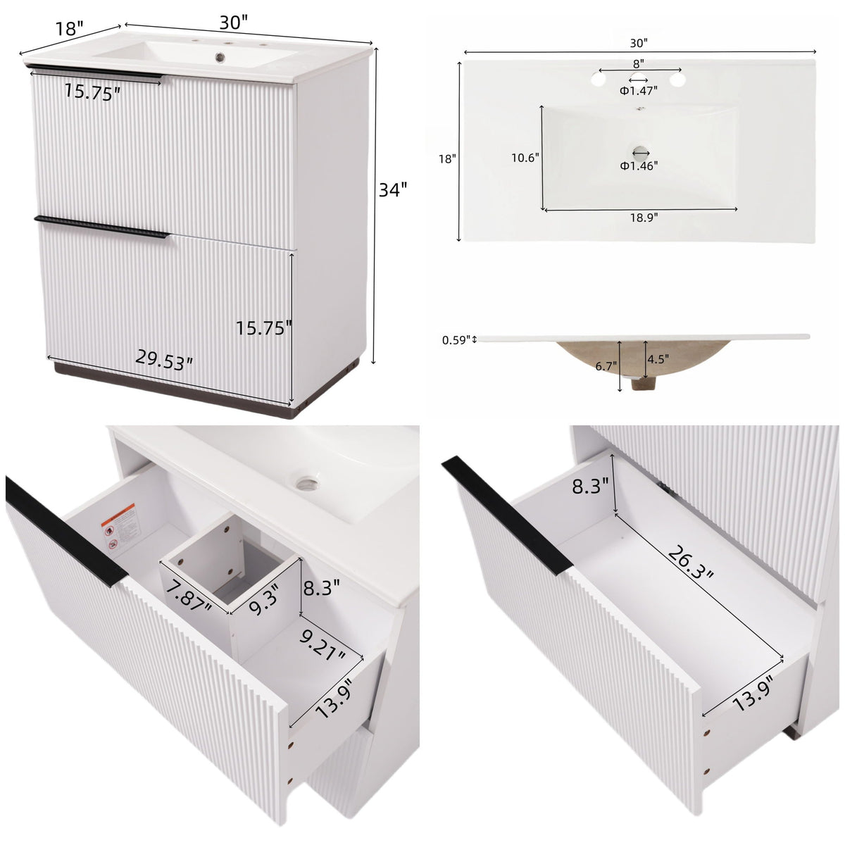 Fluted Bathroom Vanity with Ceramic Sink and Soft-Close Drawers - Light Brown, White, or Dark Green