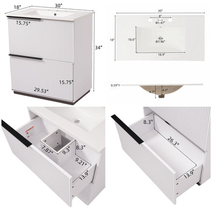 Fluted Bathroom Vanity with Ceramic Sink and Soft-Close Drawers - Light Brown, White, or Dark Green