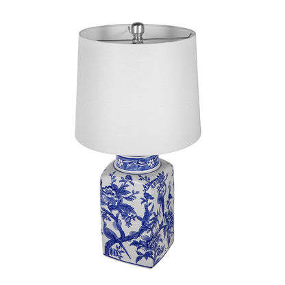 Blue and White Ceramic Vase Table Lamp with Linen Shade - White + Blue