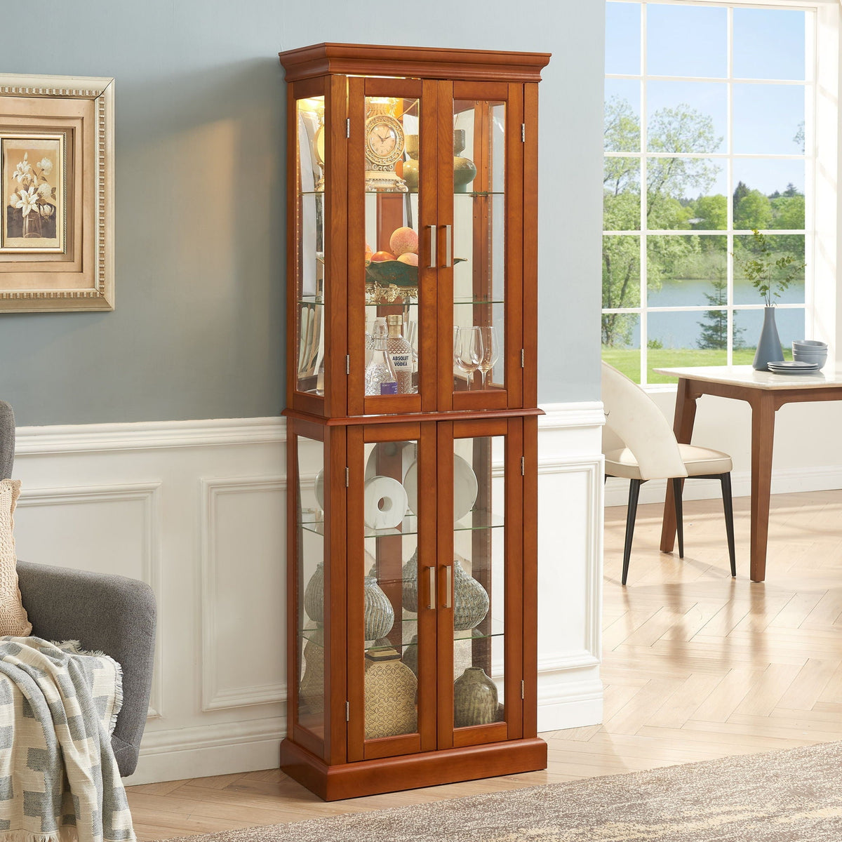 Lighted Curio Cabinet with Adjustable Shelves and Mirrored Back Panel - Dark Brown, Dark Red, Light Brown