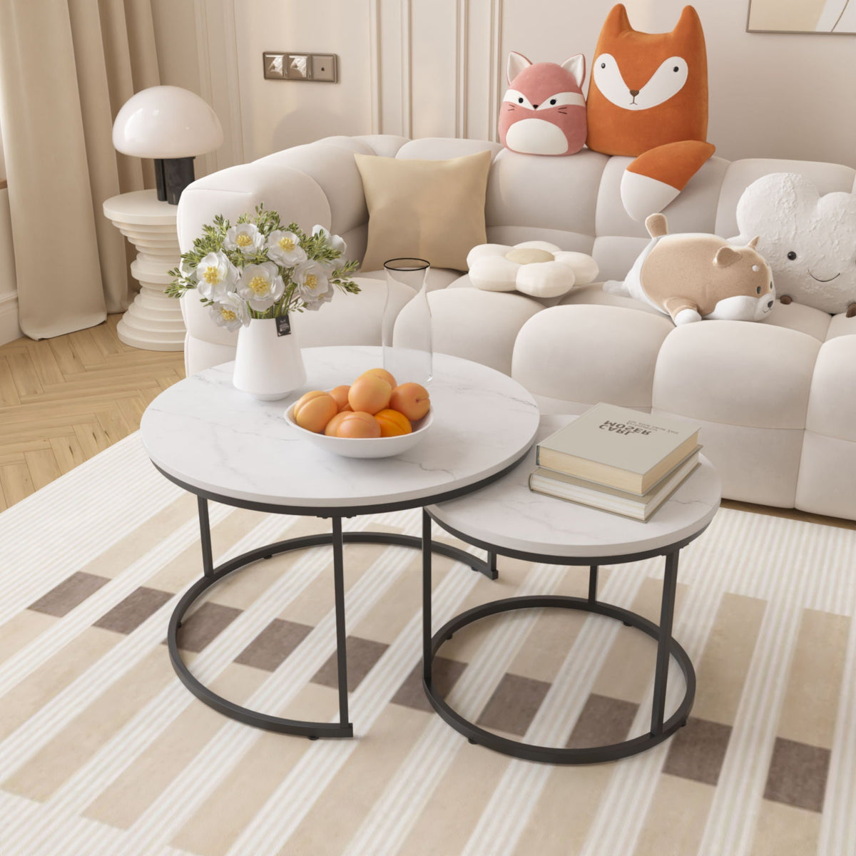 Round Nesting Coffee Table Set of 2 with Metal Base - Light Brown, White, or Black