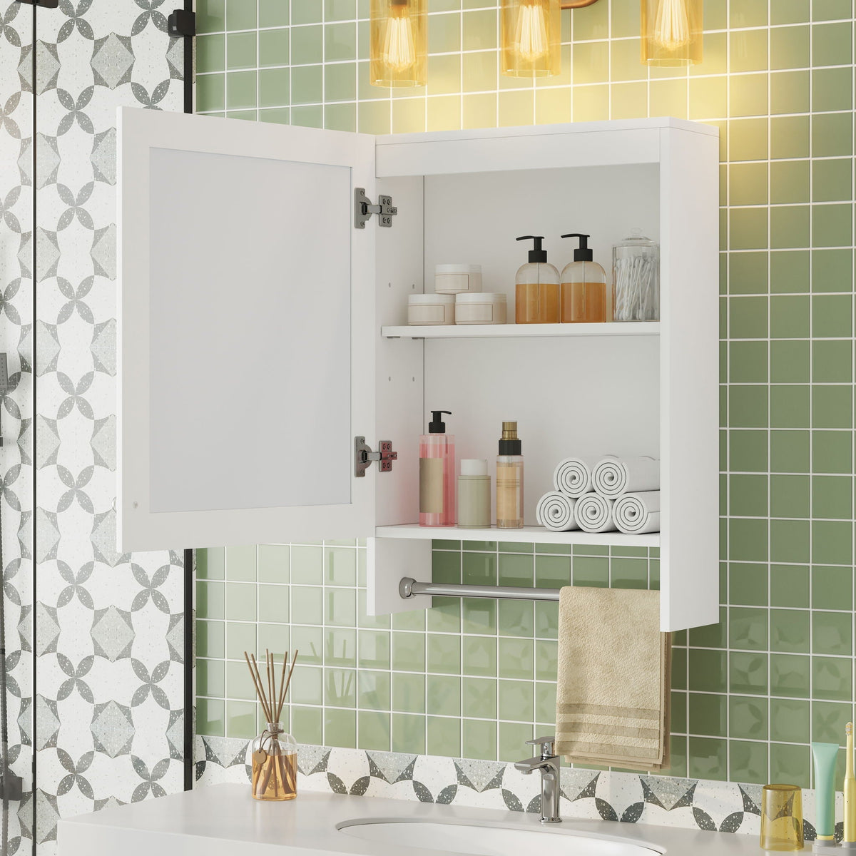 3 in 1 Wall Mounted Bathroom Mirror Cabinet with Adjustable Shelf - White