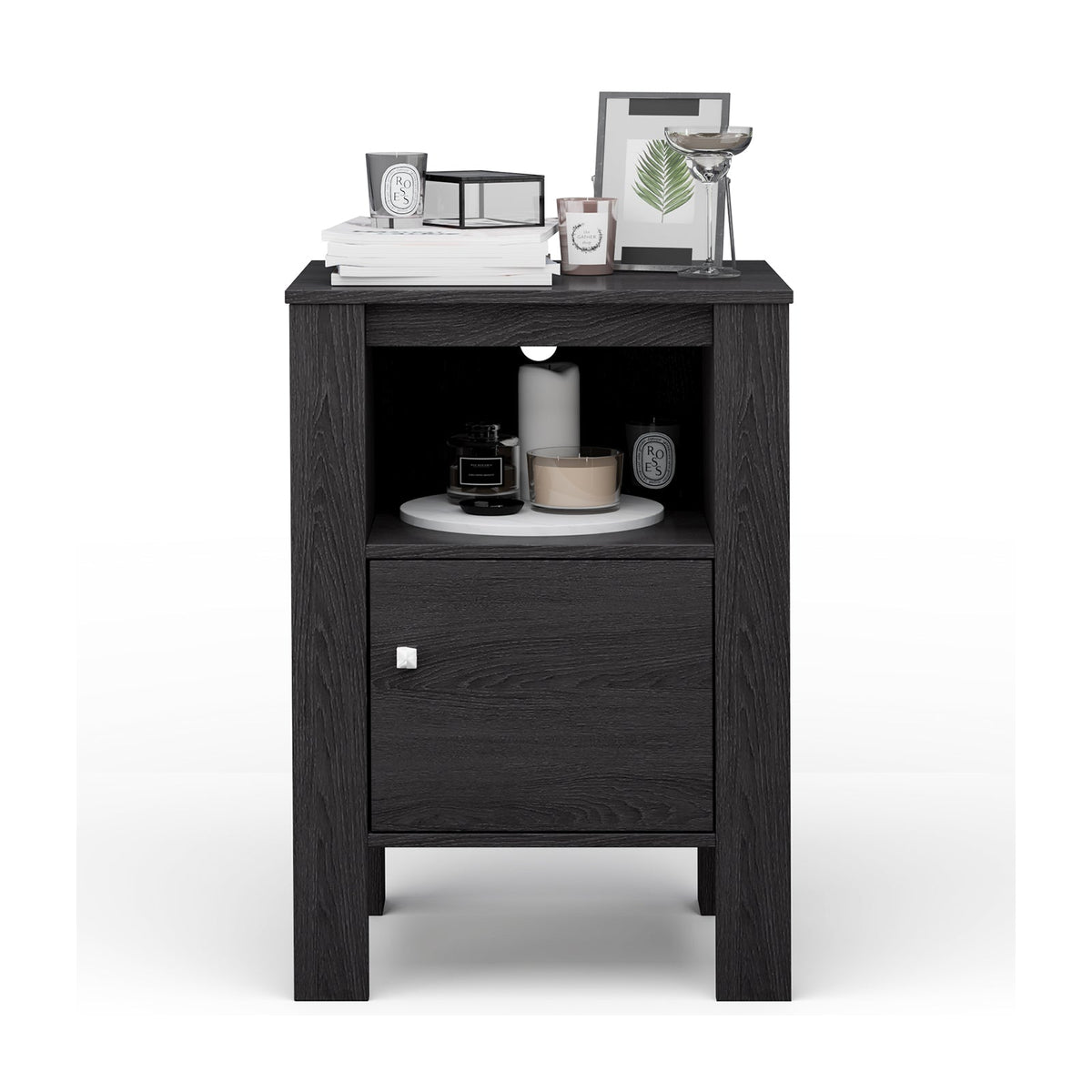 Compact Floor Farmhouse Nightstand with Open Shelf and Cabinet