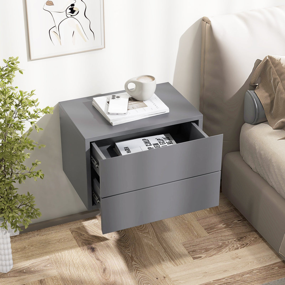 Floating Nightstand with Drawers and Storage Shelf