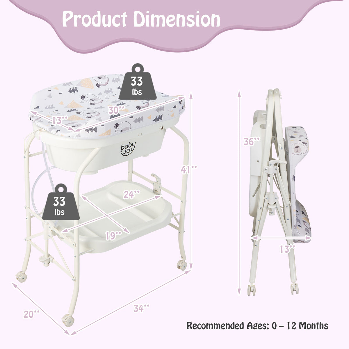 Folding Baby Changing Table with Bathtub and 4 Universal Wheels-White