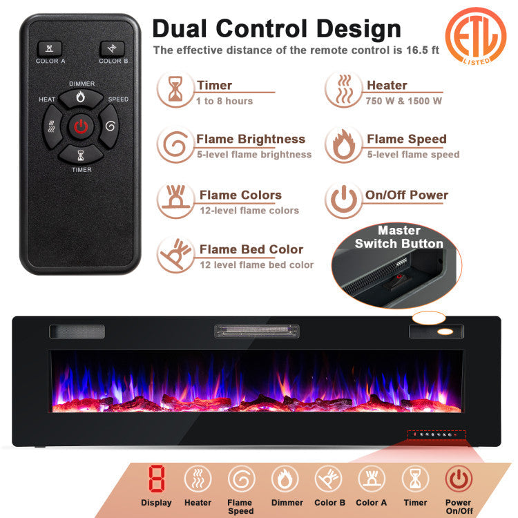 68" Ultra-Thin Recessed Electric Fireplace