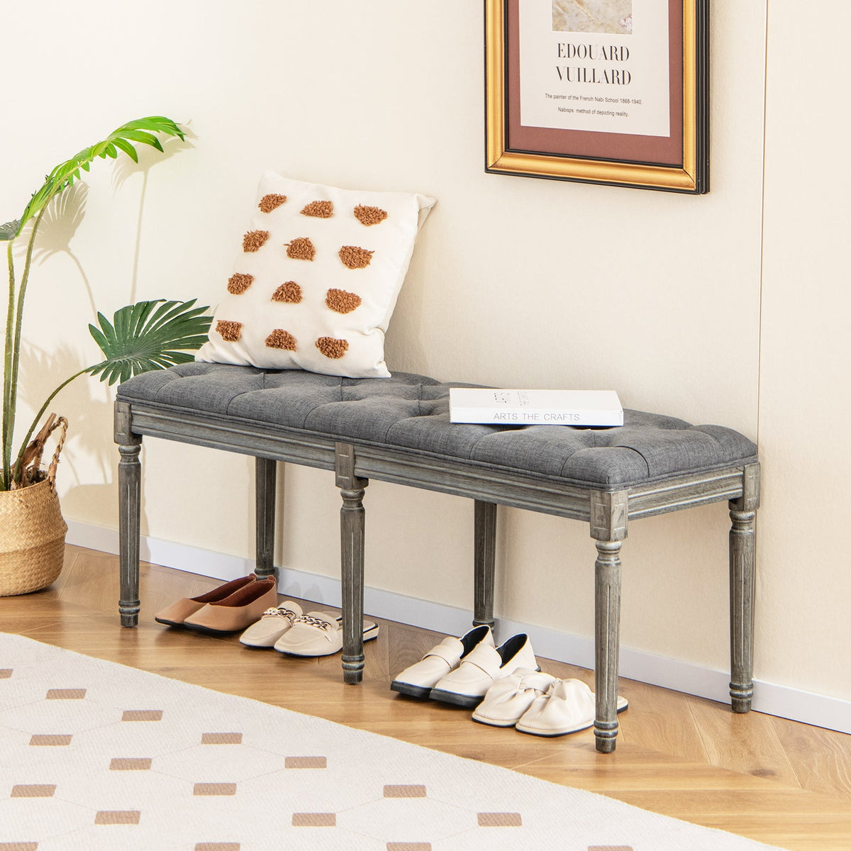 French Vintage Entryway Bench 47 Inch Upholstered Dining Bench