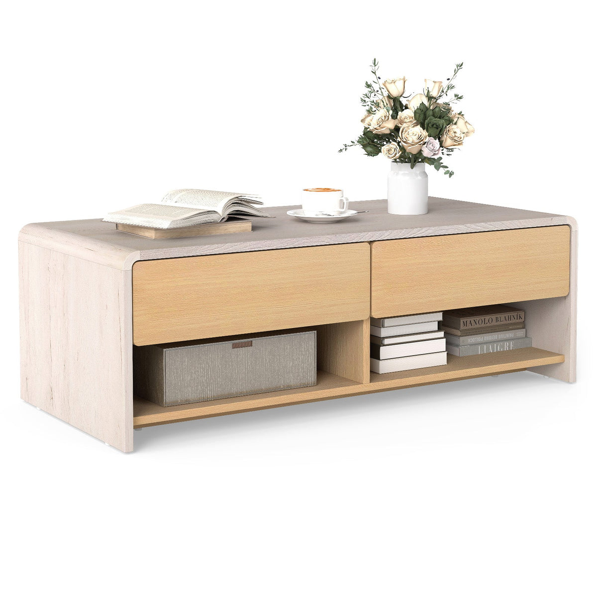 Home Coffee Table with 2 Drawers and 2 Storage Shelf-White & Natural