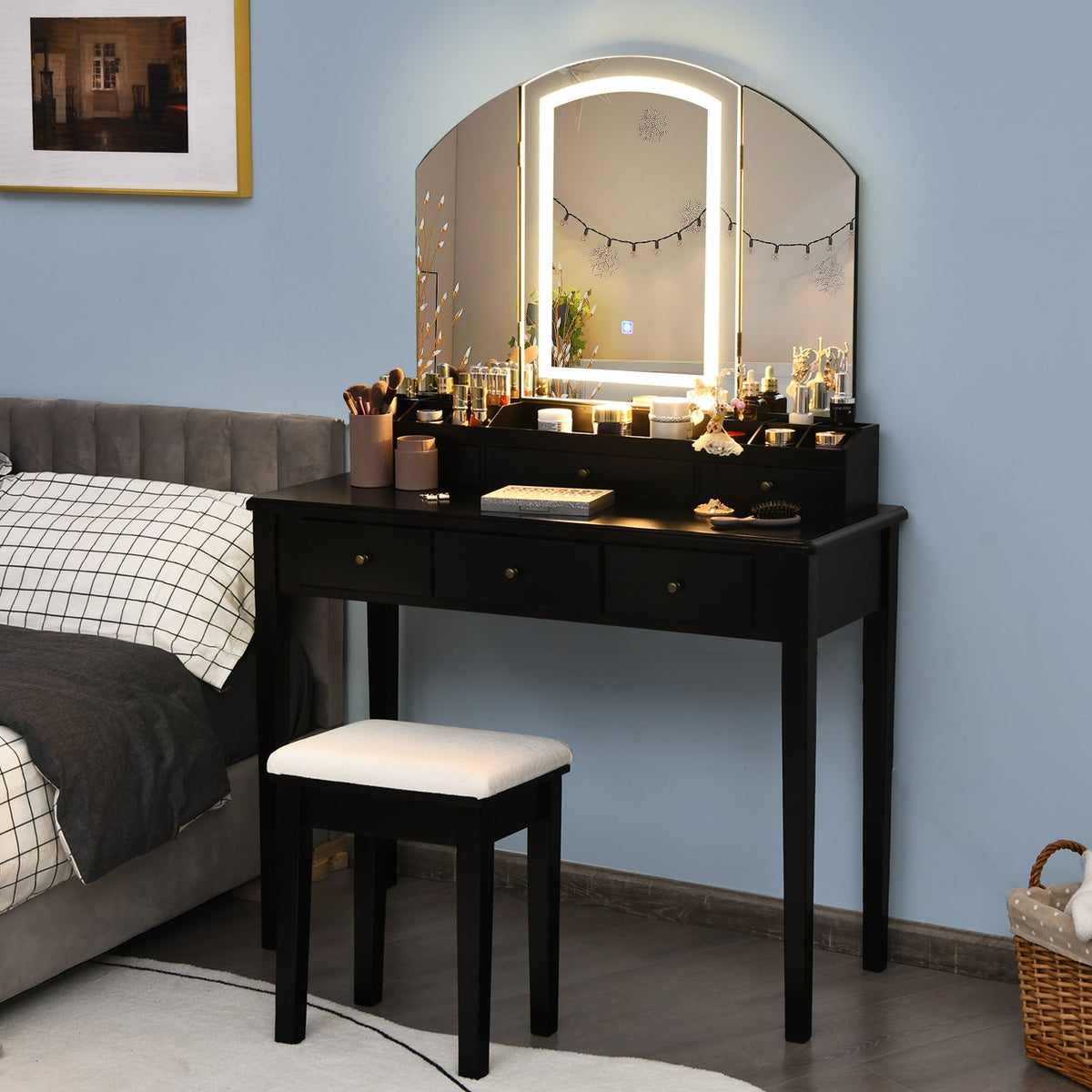 Vanity Table Stool Set with Large Tri-folding Lighted Mirror