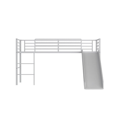 Twin Metal Loft Bed with Slide Safety Guardrails and Built-in Ladder