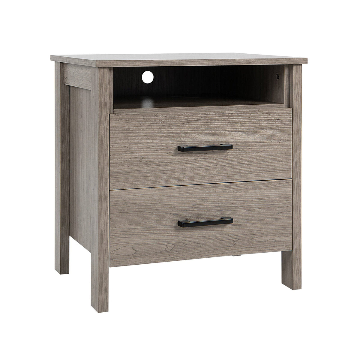 Modern Wood Grain Nightstand with Cable Hole and Open Compartment