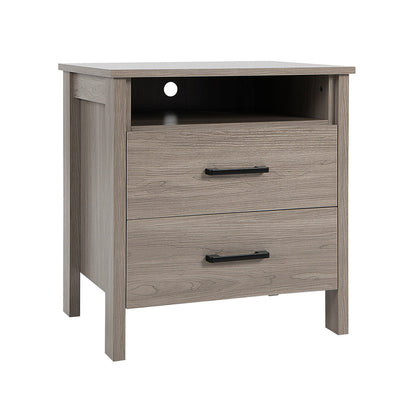Modern Wood Grain Nightstand with Cable Hole and Open Compartment