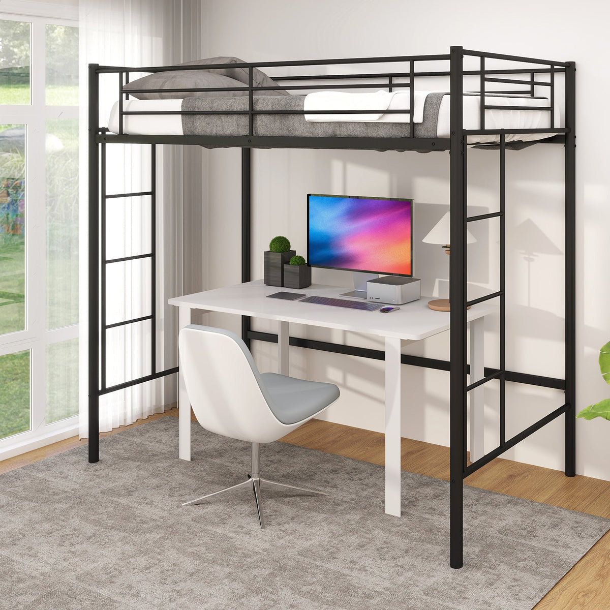 Twin Loft Bed Frame with 2 Ladders Full-length Guardrail