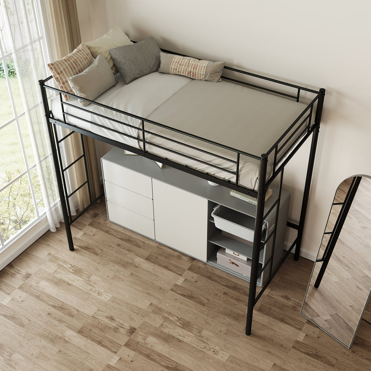 Twin Loft Bed Frame with 2 Ladders Full-length Guardrail