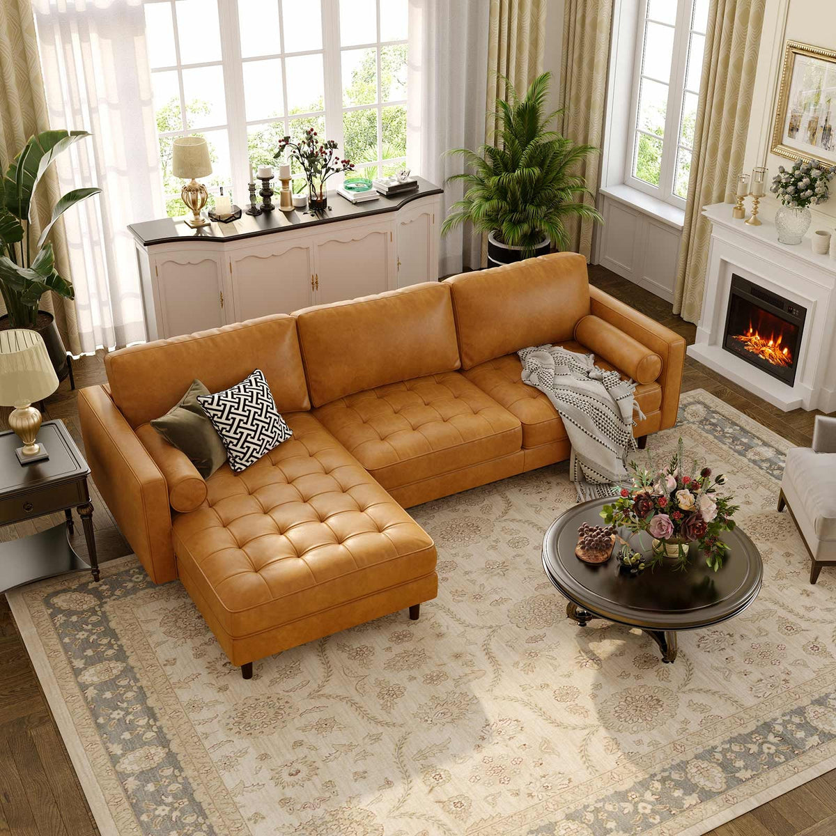 3-Seat L-Shaped Sectional Sofa Couch for Living Room-Brown