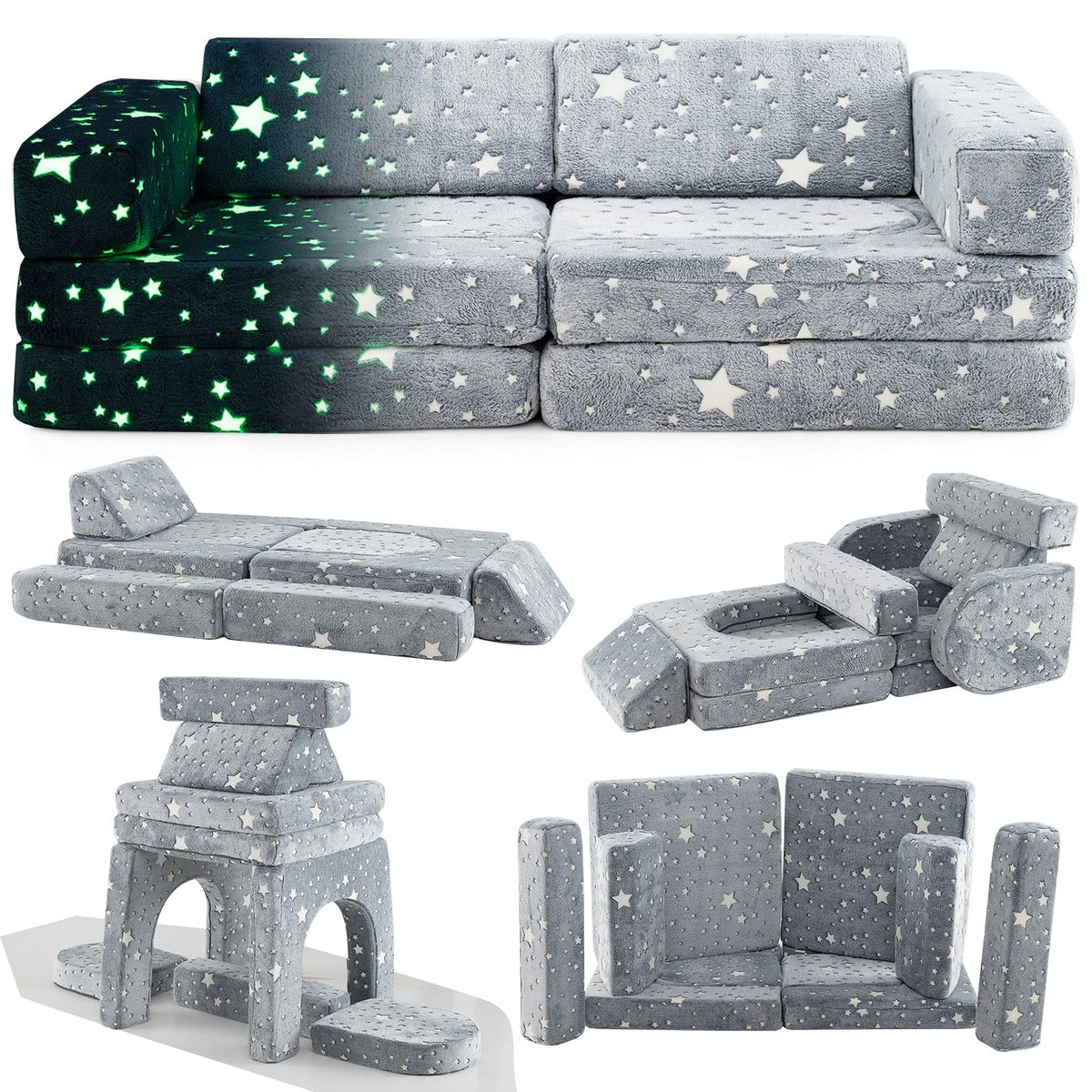 10 Pieces Modular Kids Play Couch Sectional Sofa Glow in the Dark-Gray