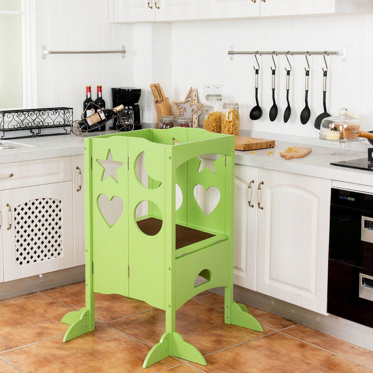 Folding Kids Kitchen Counter Step Stool-Green