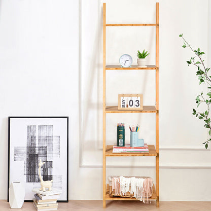 5-Tier Modern Bamboo Wall-Leaning Display Ladder Bookshelf