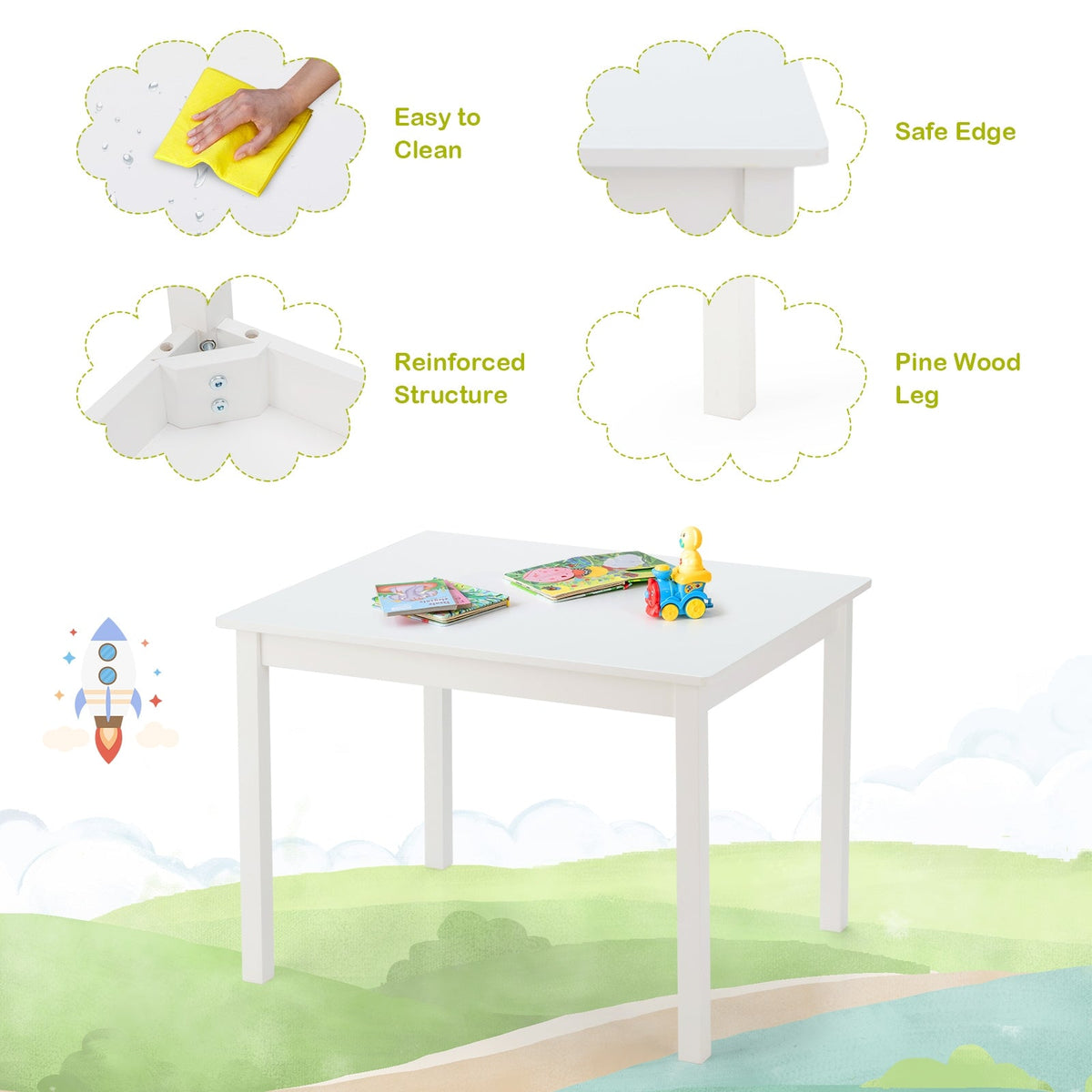 5 pcs Kids Pine Wood Table Chair Set