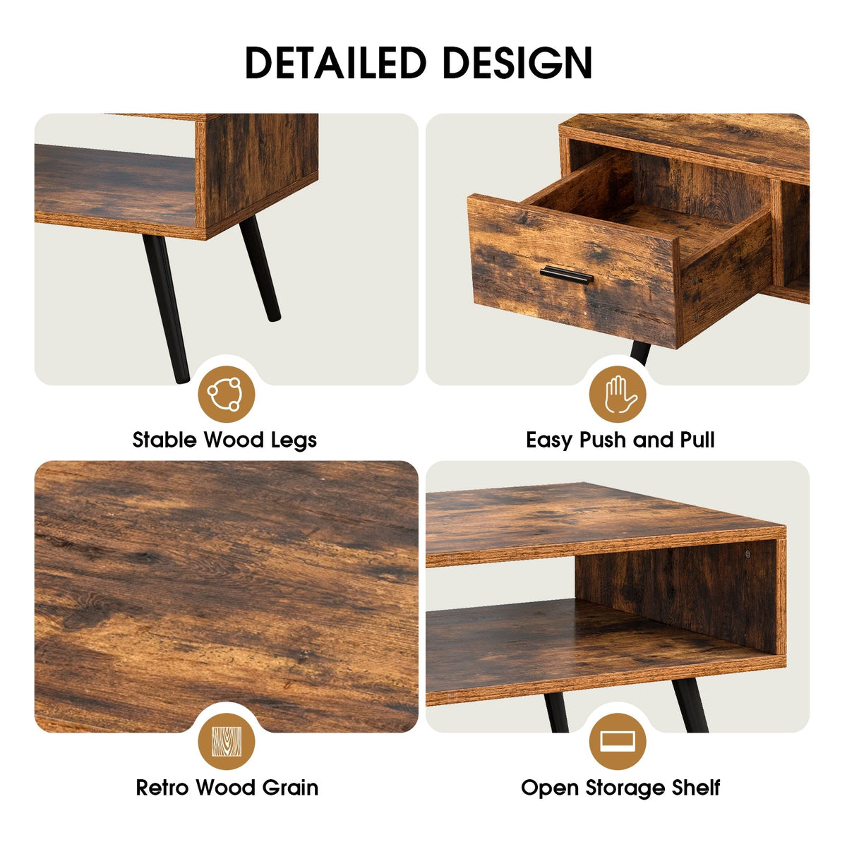 Retro Rectangular Coffee Table with Drawer and Storage Shelf-Rustic Brown