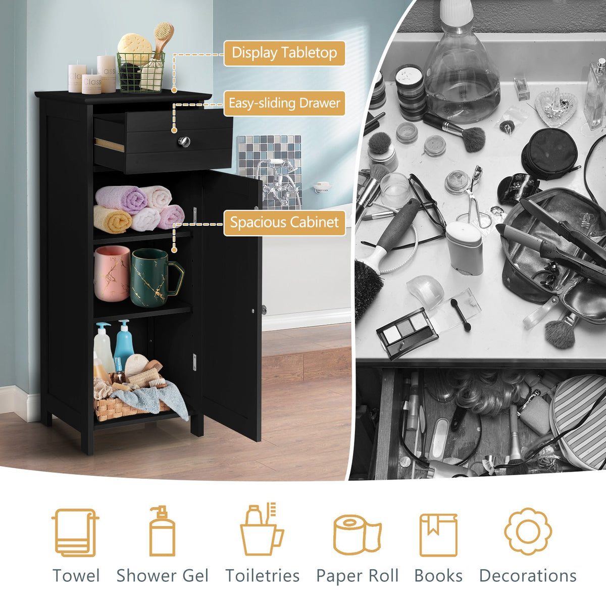 Wooden Storage Free-Standing Floor Cabinet with Drawer and Shelf