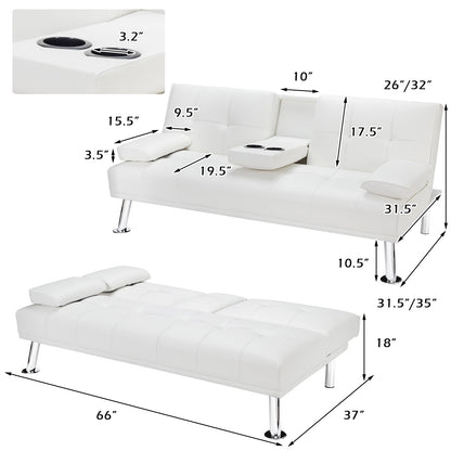Convertible Folding Leather Futon Sofa with Cup Holders and Armrests