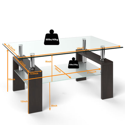 Rectangular Tempered Glass Coffee Table with Shelf