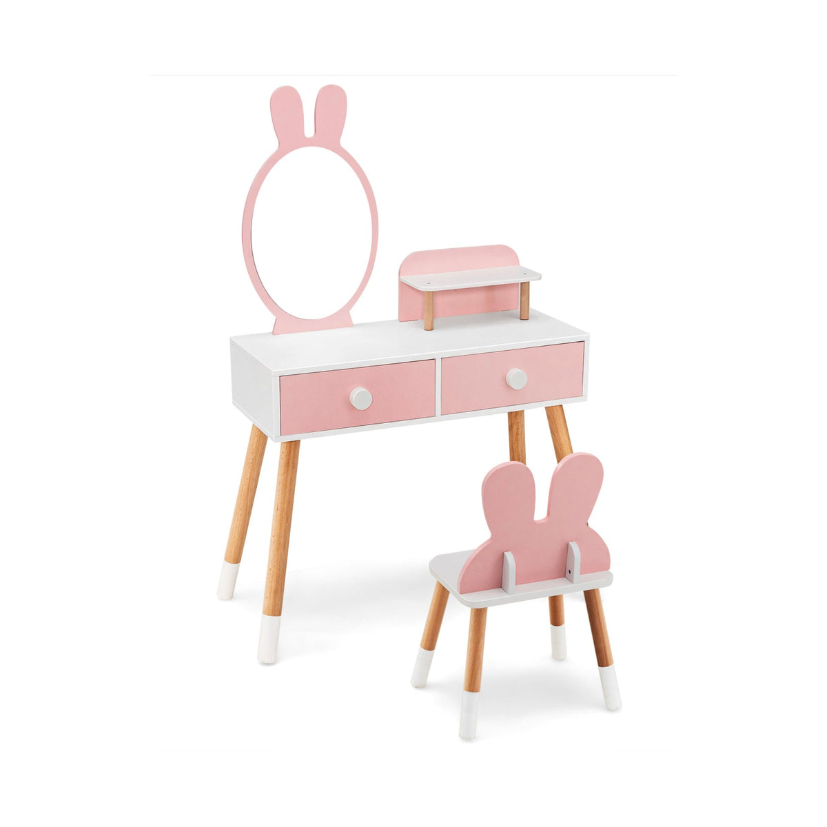 Kids Vanity Table and Chair Set with Drawer Shelf and Rabbit Mirror