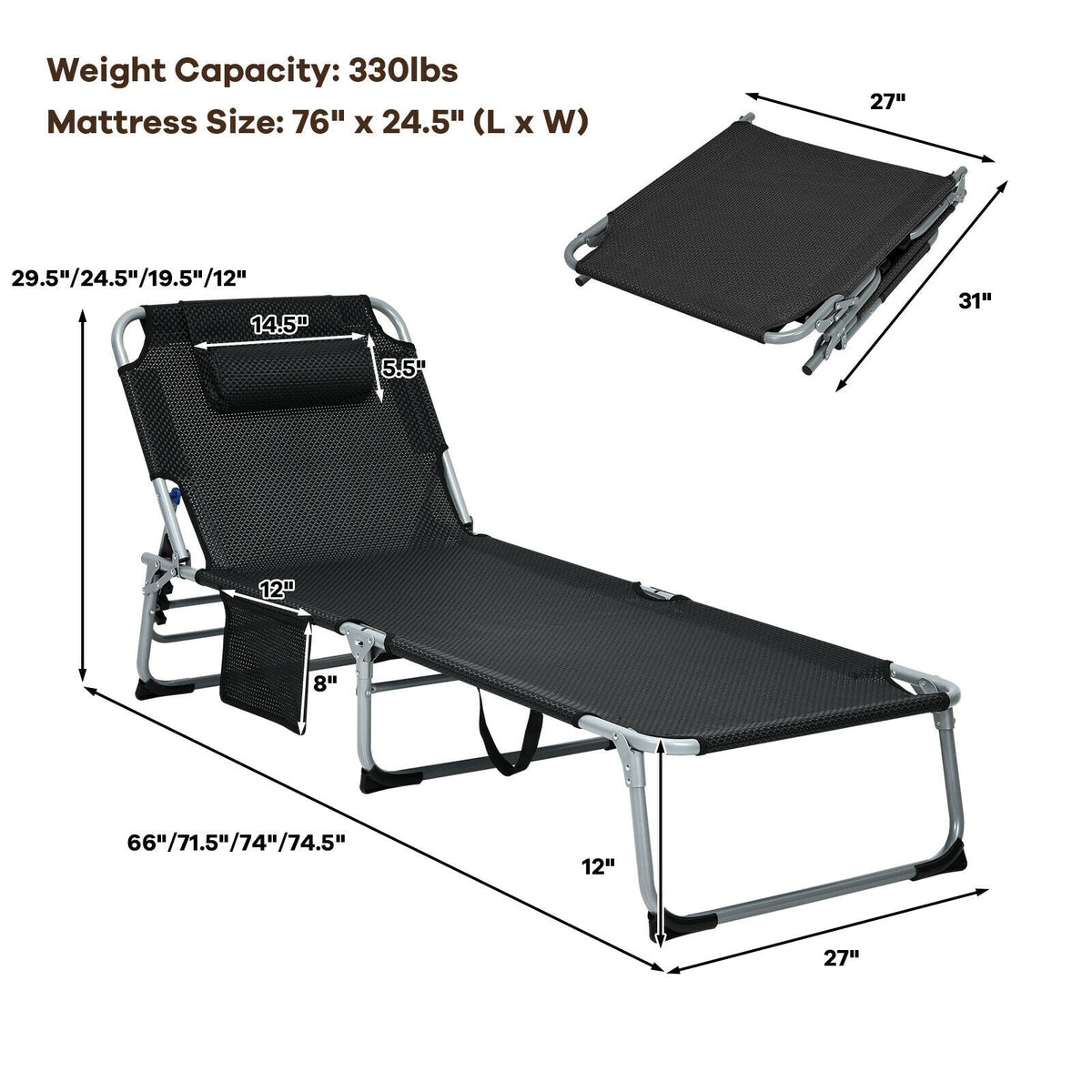 4-Fold Oversize Padded Folding Lounge Chair with Removable Soft Mattress
