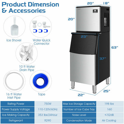353lbs/24H Commercial Ice Maker with 198lbs Bin