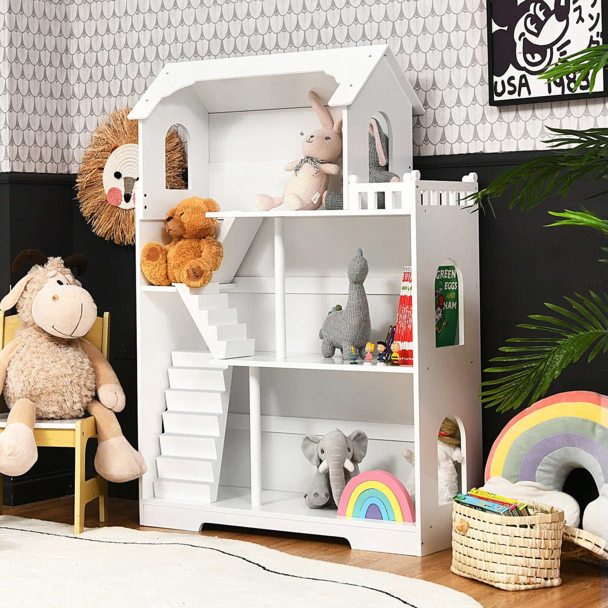 Kids Wooden Dollhouse Bookshelf with Anti-Tip Design and Storage Space