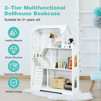Kids Wooden Dollhouse Bookshelf with Anti-Tip Design and Storage Space