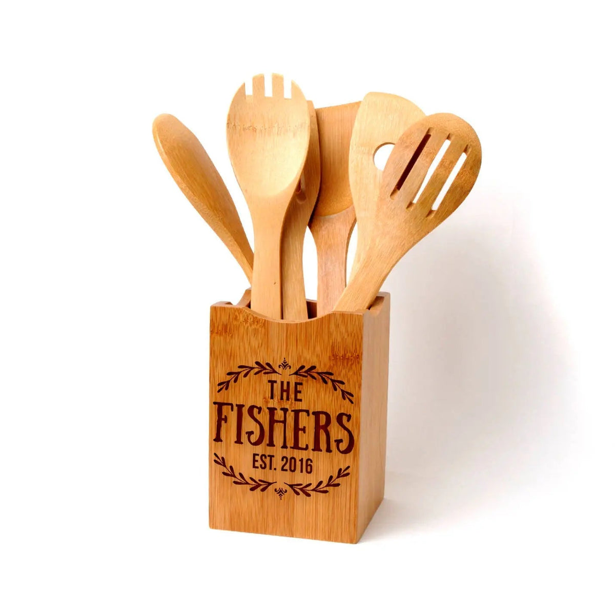 Bamboo Kitchen Utensil Holder - Personalized Wedding Gift for Bride & Groom