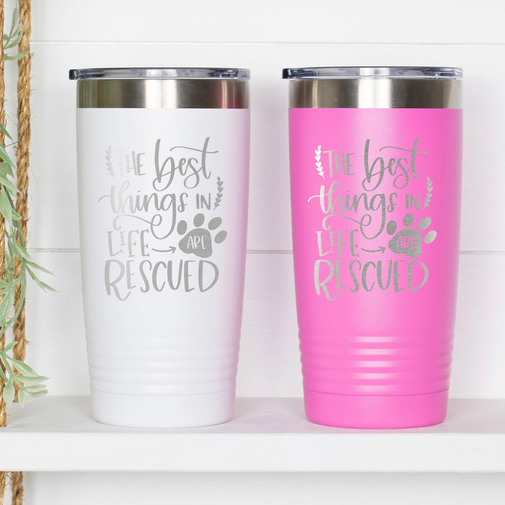 Dog Rescue Tumbler 20 oz Insulated Travel Mug, Pet Lover Gift, White Stainless Steel, Keeps Hot and Cold Drinks, Paw Print Design