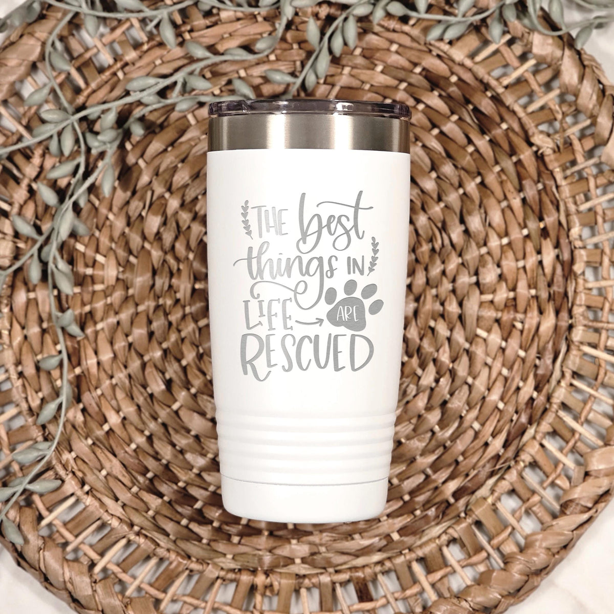 Dog Rescue Tumbler 20 oz Insulated Travel Mug, Pet Lover Gift, White Stainless Steel, Keeps Hot and Cold Drinks, Paw Print Design