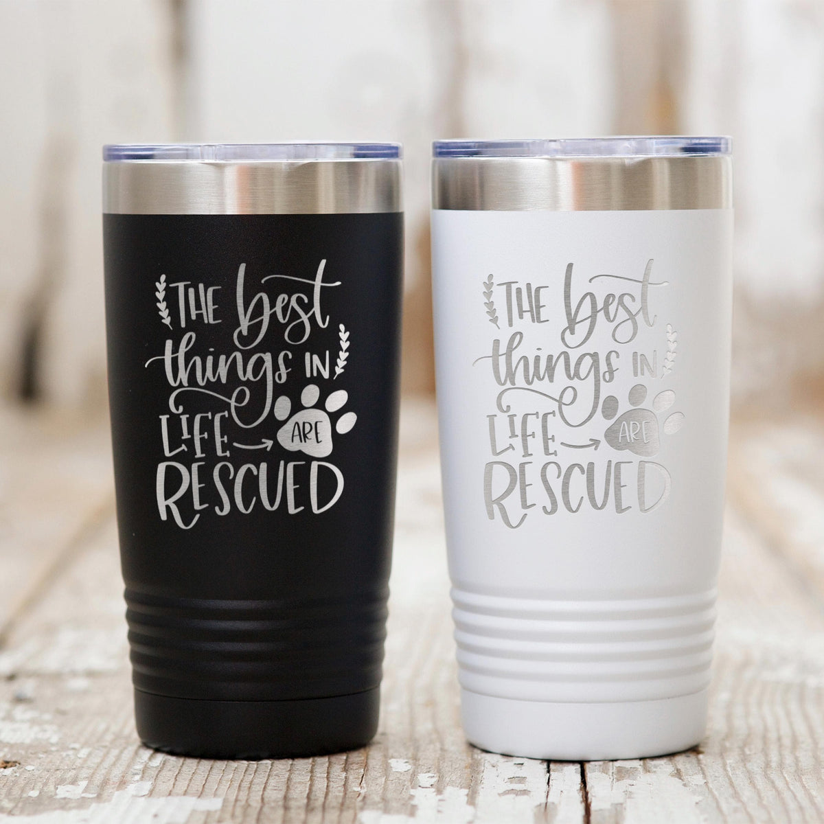 Dog Rescue Tumbler 20 oz Insulated Travel Mug, Pet Lover Gift, White Stainless Steel, Keeps Hot and Cold Drinks, Paw Print Design