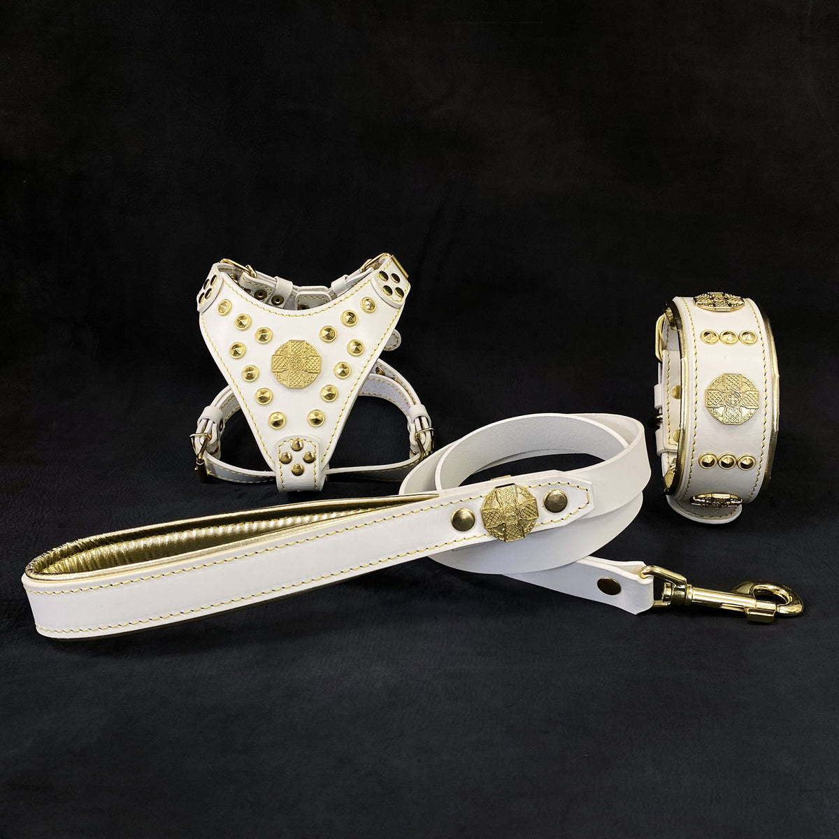 "Maximus White&Gold" Small dog SET - Harness - collar - lead