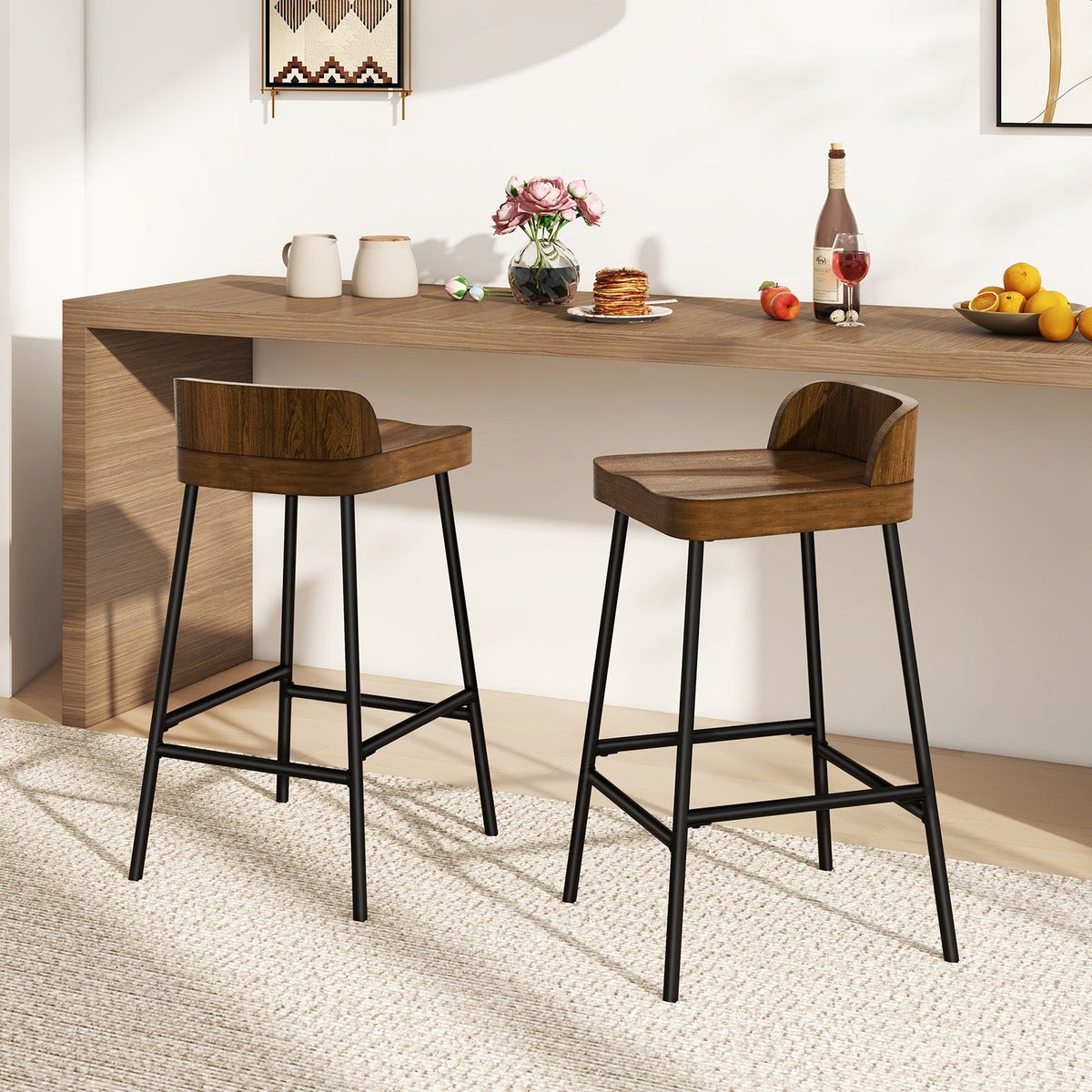Industrial 24.5 Inches Bar Stool with Backrest and Saddle Seat-Rustic Brown