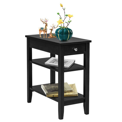 Side End Table with Drawer and 2-Tier Open Storage Shelves for Space Saving