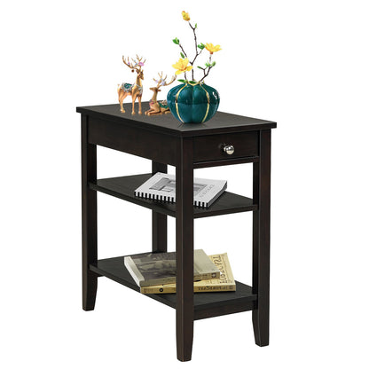 Side End Table with Drawer and 2-Tier Open Storage Shelves for Space Saving