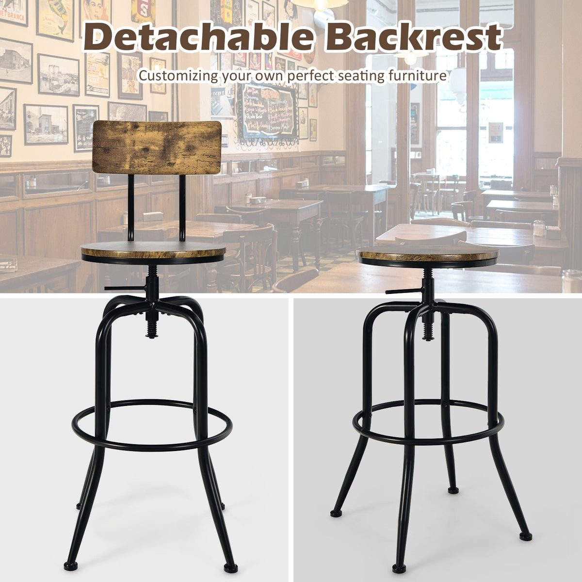 Adjustable Swivel Counter-Height Stool with Arc-Shaped Backrest-Rustic Brown