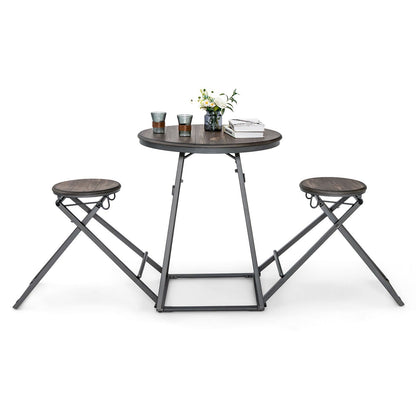 3 Pieces Dining Table Set with 2 Foldable Stools for Small Space-Gray