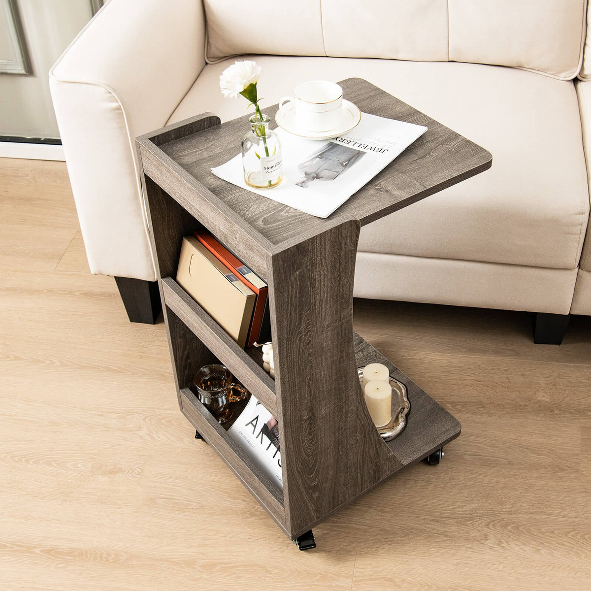 C-shaped Rolling End Side with Back Storage Shelves beside Sofa