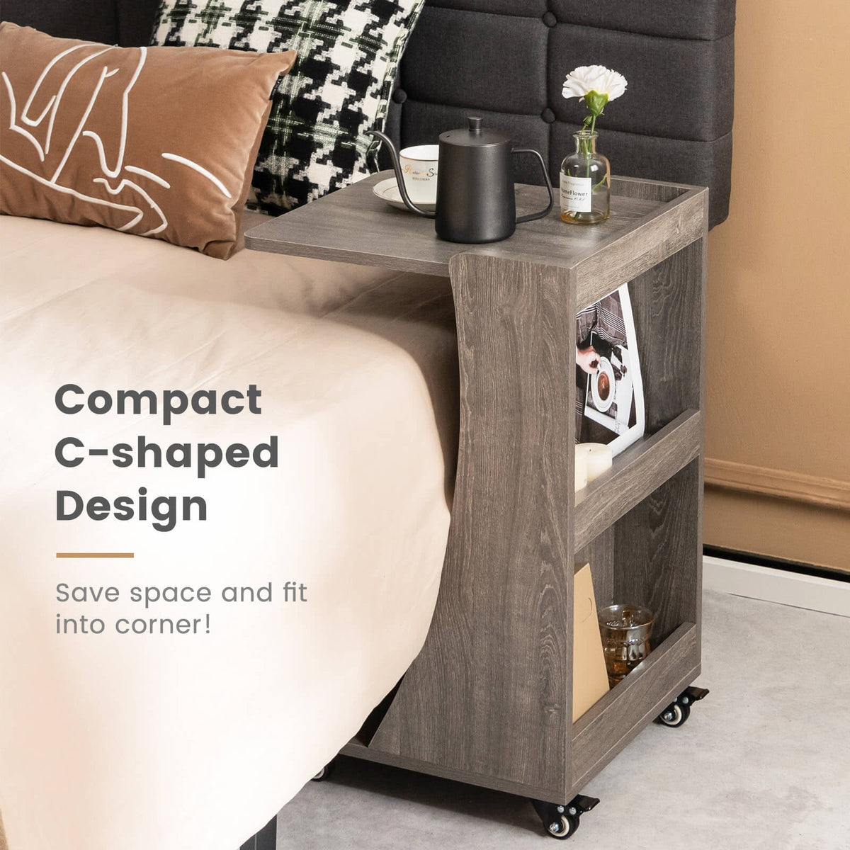 C-shaped Rolling End Side with Back Storage Shelves beside Sofa