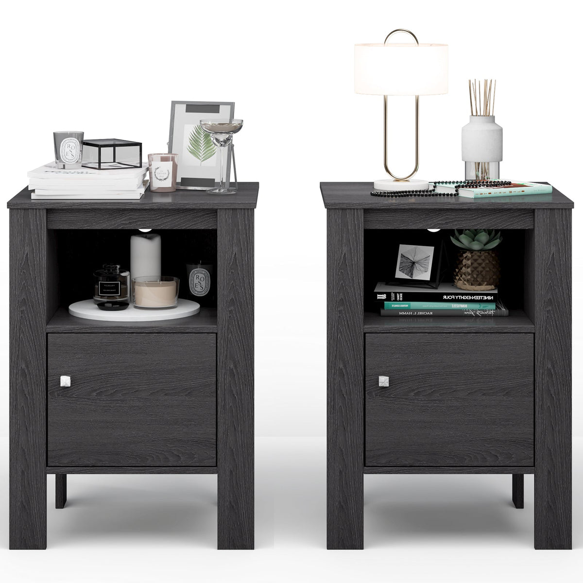Compact Floor Farmhouse Nightstand with Open Shelf and Cabinet