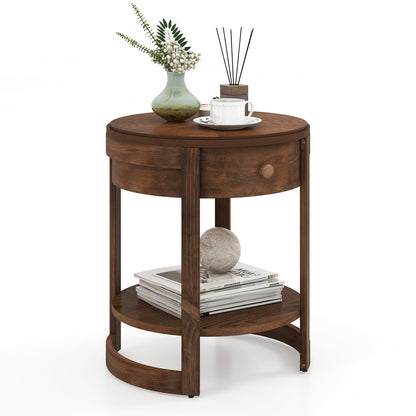 2-Tier Round End Table Mid Century Modern Nightstand with Drawer and Shelf